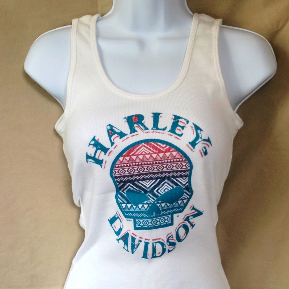 Harley-Davidson Cream Tank with Teal and Coral Skull Print